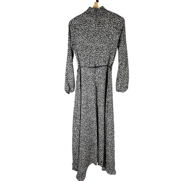 HALSTON Smock-Neck Long-Sleeve Belted Chiffon Dress Leopard Print Size 4 - Picture 3 of 8